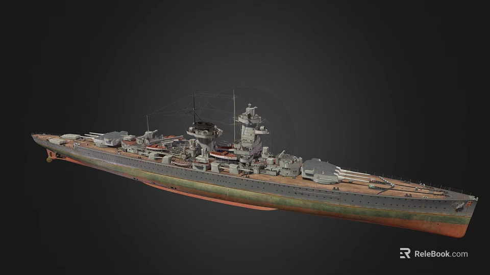 Detailed Warship 3D Model Featuring Battleship Turrets And Superstructure With Green Brown Hull 3d model 