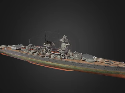 Detailed Warship 3D Model Featuring Battleship Turrets And Superstructure With Green Brown Hull 3d model