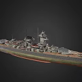 Detailed Warship 3D Model Featuring Battleship Turrets And Superstructure With Green Brown Hull