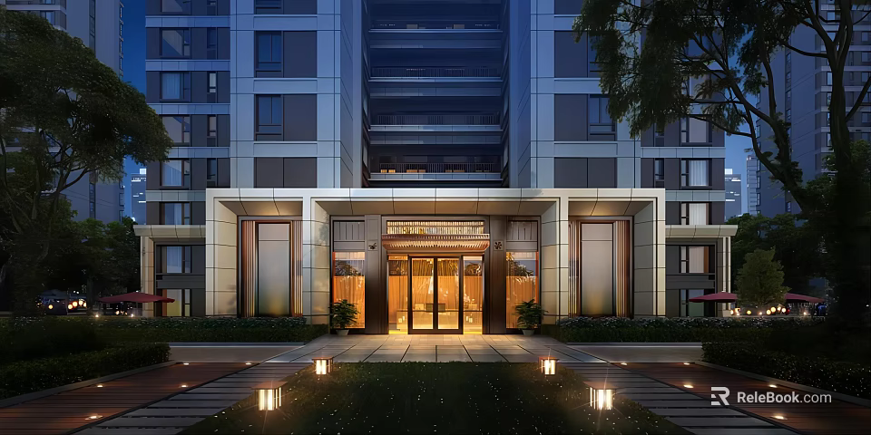 Modern Luxurious Entrance Gate Of High Rise Apartment With Glass Doors Stone Decorations And Lighting 3d model 