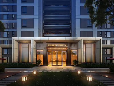 Modern Luxurious Entrance Gate Of High Rise Apartment With Glass Doors Stone Decorations And Lighting 3d model