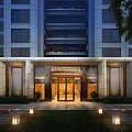 Modern Luxurious Entrance Gate Of High Rise Apartment With Glass Doors Stone Decorations And Lighting