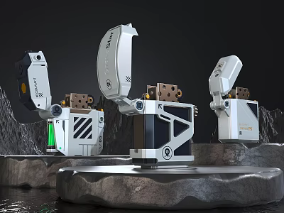 Three Modern White Mechanical Household Items With Different Designs On Stone Platforms 3d model