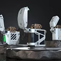 Three Modern White Mechanical Household Items With Different Designs On Stone Platforms