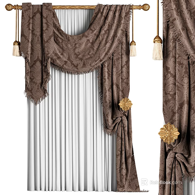Brown Patterned Velvet Curtains With Gold Floral Tiebacks And Tassel Details 3d model 
