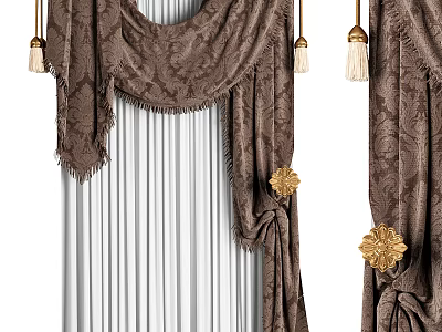 Brown Patterned Velvet Curtains With Gold Floral Tiebacks And Tassel Details 3d model