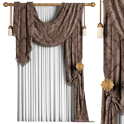 Brown Patterned Velvet Curtains With Gold Floral Tiebacks And Tassel Details 3d model
