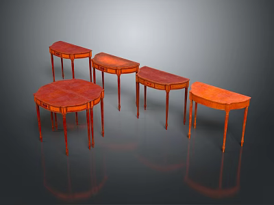 Various Shaped Wooden Tables With Mahogany Finish On Dark Reflective Surface 3d model