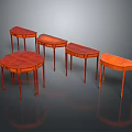 Various Shaped Wooden Tables With Mahogany Finish On Dark Reflective Surface