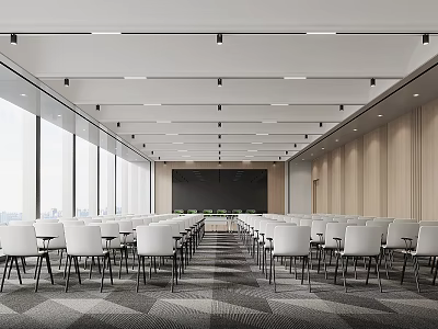 Cultural Center Spacious Meeting Room With Neatly Arranged White Chairs Large Windows And Wooden Walls 3d model