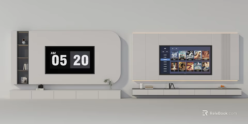 Modern TV Background Wall Design With Gray White Screen Storage Cabinets And Green Plant 3d model 