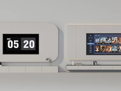 Modern TV Background Wall Design With Gray White Screen Storage Cabinets And Green Plant 3d model