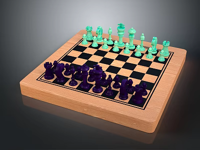 Wooden Chessboard Game Set For Home Use With Black White Squares Green Purple Pieces 3d model