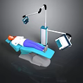 Dental Clinic Treatment Scene Patient Lying On Blue Dental Chair With Medical Light And Monitor