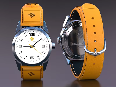 Wristwatch With Yellow Leather Strap Metal Case And White Dial 3d model