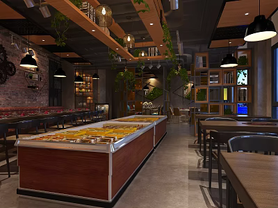 Cozy Hot Pot Restaurant Interior With Self Service Counter Brick Wall And Green Plants 3d model