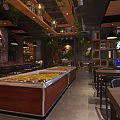 Cozy Hot Pot Restaurant Interior With Self Service Counter Brick Wall And Green Plants