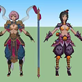 Game And Movie Characters With Pink Black Hair Ornate Costumes And Staff Weapons