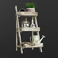 Vintage Wooden Ladder Shelf with Potted Plant Photo Frame and Watering Can Decor