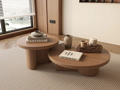 Modern Wooden Round Nested Coffee Table With Decorative Books Ceramic Vase And Candles 3d model