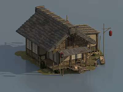 Traditional Wooden House With Tiled Roof Wooden Structure And Red Lantern 3d model