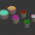 Yellow Flowers In Multiple Gray Cylindrical Planters Arranged On Dark Background