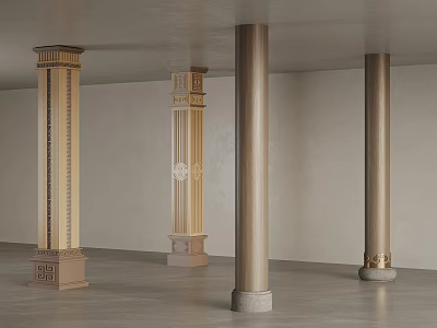 Decorative Columns In Various Styles With Ornate Details And Elegant Bases In Room 3d model