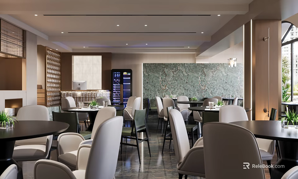 Modern Elegant Restaurant Interior Design Featuring Green Wall Lighting And Comfortable Dining Chairs Tables 3d model 