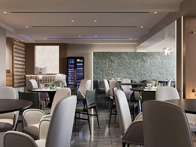 Modern Elegant Restaurant Interior Design Featuring Green Wall Lighting And Comfortable Dining Chairs Tables 3d model