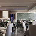 Modern Elegant Restaurant Interior Design Featuring Green Wall Lighting And Comfortable Dining Chairs Tables