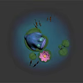 Blue Frog in Pond with Pink Lotus Flower Lily Pads and Cattails