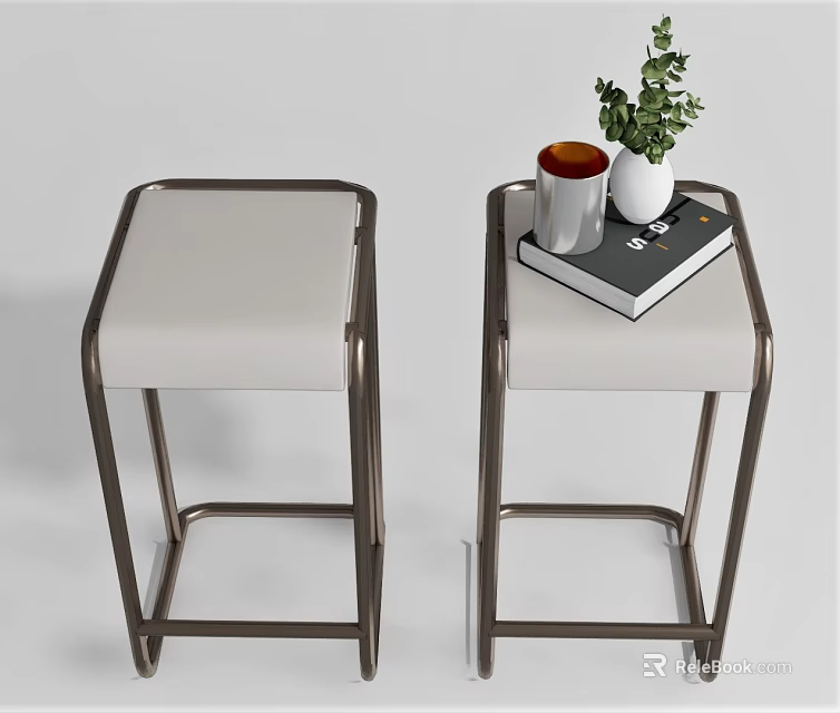 Two Modern Bar Stools With Padded Light-colored Seats And Sturdy Metal Frame 3d model