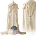 Beige Sheer Bed Canopy With Tassels And Pink Cushion Blue Pillow