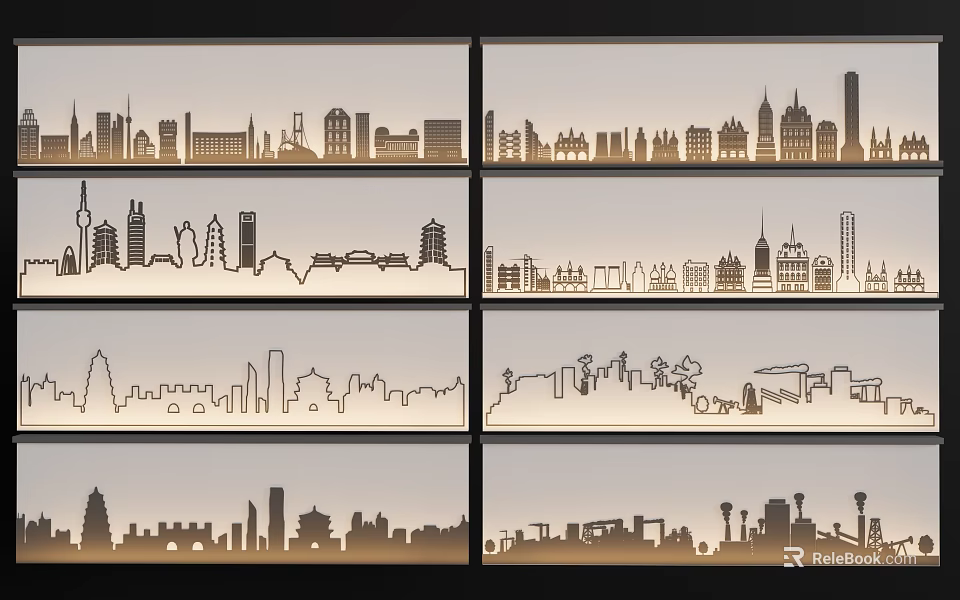 City Skyline Silhouette Background Wall Decor With Multiple Urban Style Designs 3d model