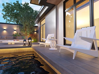 Outdoor Modern Dining Table With White Lounge Chairs Wooden Deck And Poolside Lighting 3d model