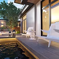 Outdoor Modern Dining Table With White Lounge Chairs Wooden Deck And Poolside Lighting