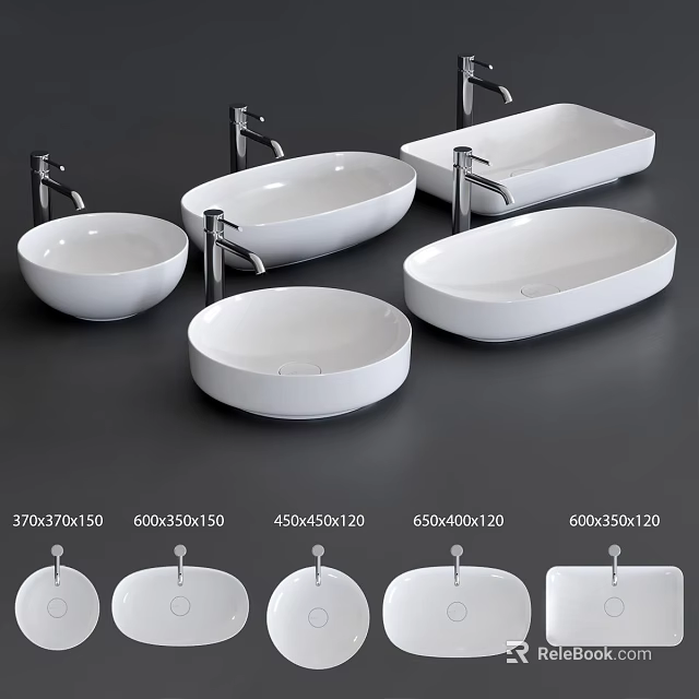 Modern Stylish Ceramic Washbasins With Various Shapes Sizes And Faucets 3d model 