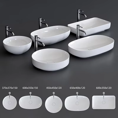 Modern Stylish Ceramic Washbasins With Various Shapes Sizes And Faucets 3d model
