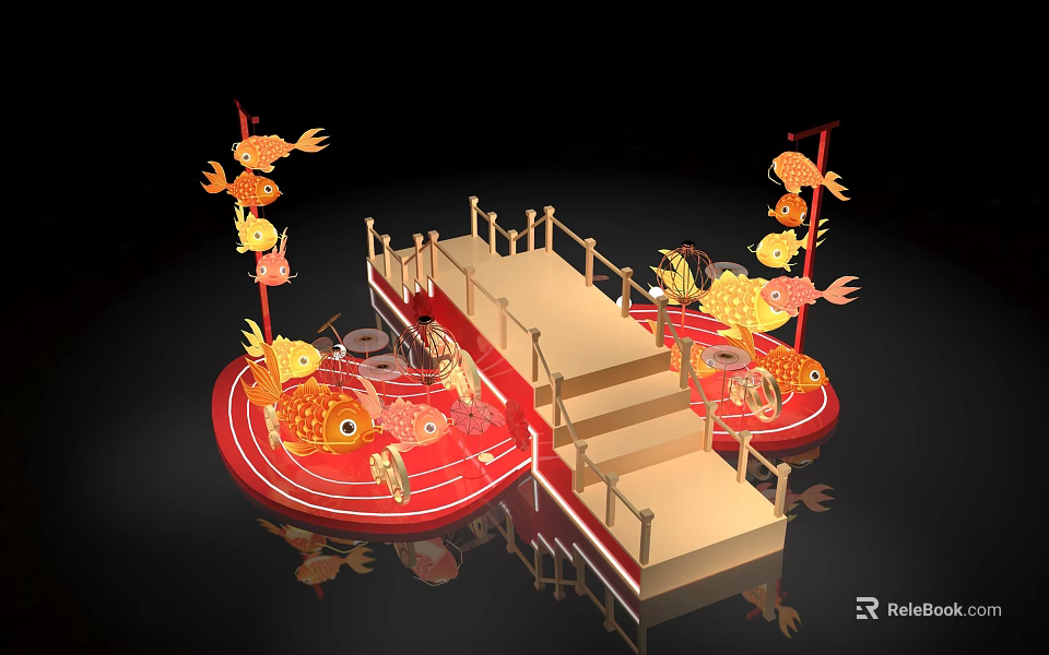Traditional Themed Photo Spot With Fish Shaped Decorations Red Base And Wooden Steps 3d model 