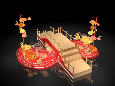Traditional Themed Photo Spot With Fish Shaped Decorations Red Base And Wooden Steps 3d model