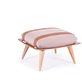 Modern Wooden Stool with Light Beige Fabric Cushion and Brown Strap Accent