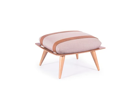 Modern Wooden Stool with Light Beige Fabric Cushion and Brown Strap Accent 3d model