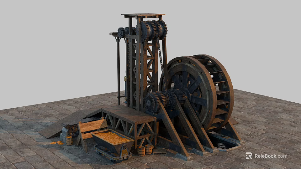 Vintage Industrial Mechanical Equipment With Large Wheel Gears Metal Frame And Wooden Crates 3d model 