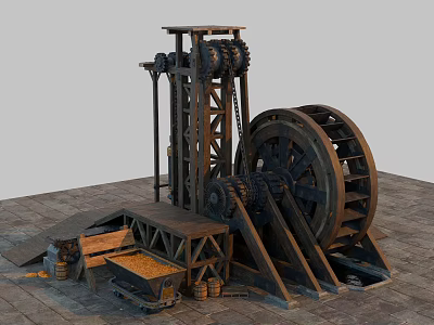 Vintage Industrial Mechanical Equipment With Large Wheel Gears Metal Frame And Wooden Crates 3d model