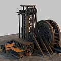 Vintage Industrial Mechanical Equipment With Large Wheel Gears Metal Frame And Wooden Crates