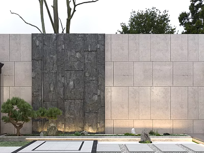 Serene Garden Landscape Design With Natural Stone Wall Green Plants And Stone Paving 3d model