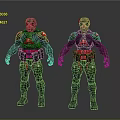 Futuristic Sci Fi Armor Characters With Green Red Suits And Two Figures