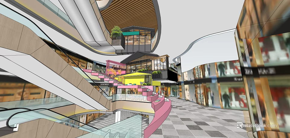 Spacious Shopping Mall Atrium With Multi Level Design Glass Railings And Pink Staircase 3d model 