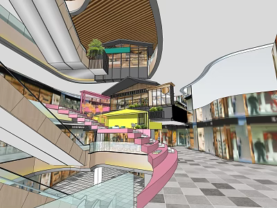 Spacious Shopping Mall Atrium With Multi Level Design Glass Railings And Pink Staircase 3d model