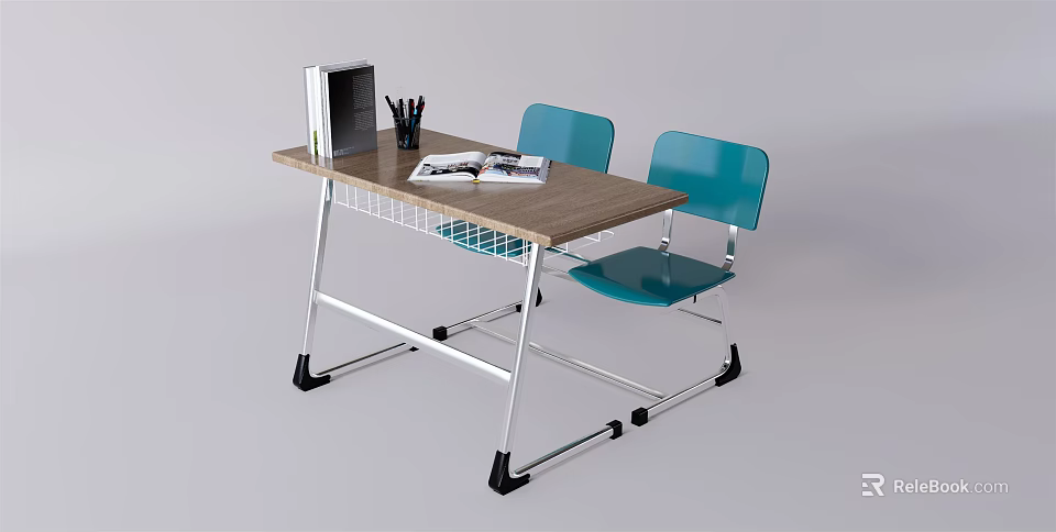 Study Desk With Two Blue Chairs Folder Pen Holder And Open Book On Top 3d model